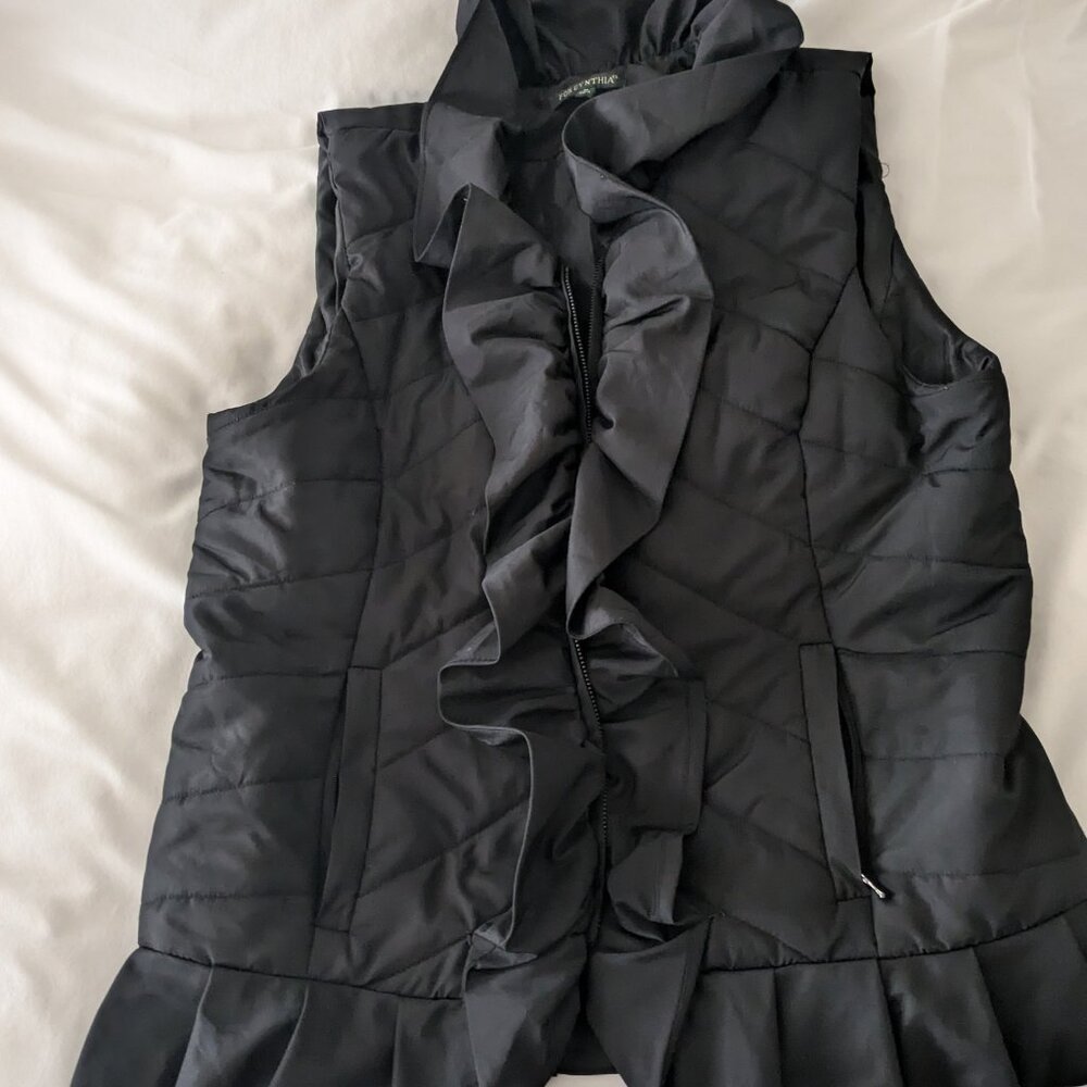 Tracy black puffer vest with ruffled collar